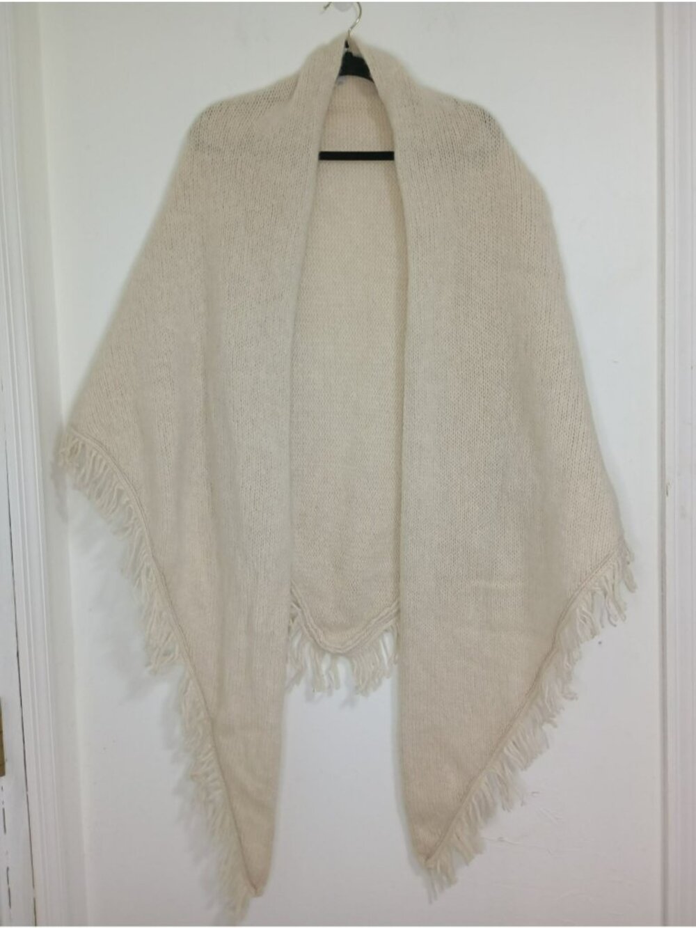 Zara Shawl Wrap M Beige 100% Wool Fringed Open Front